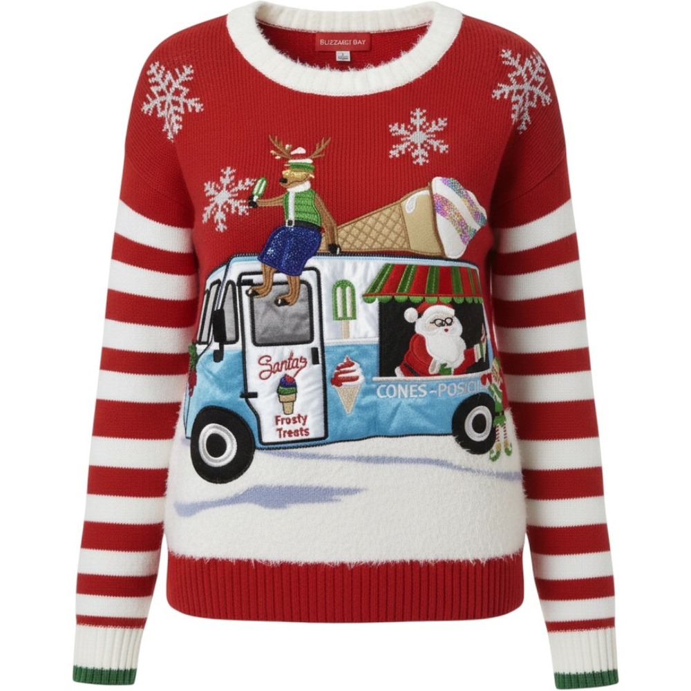 Blizzard Bay Womens Red Ugly Christmas Sweater Santa Ice Cream Truck Sequin S